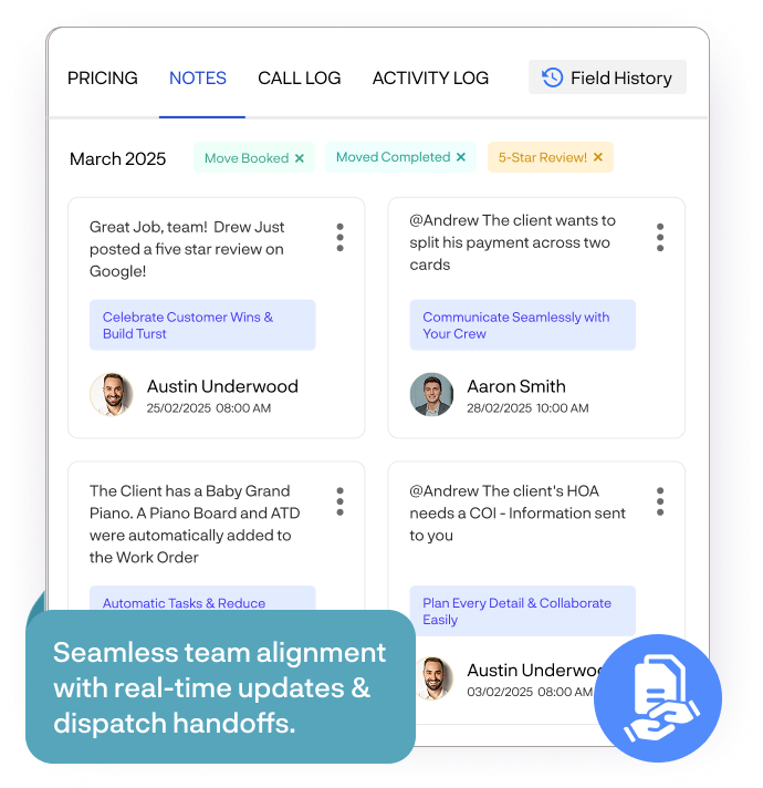 Movegistics operations dashboard showing shared notes, tags, and internal updates—designed to streamline sales-to-dispatch handoffs and improve real-time team collaboration.